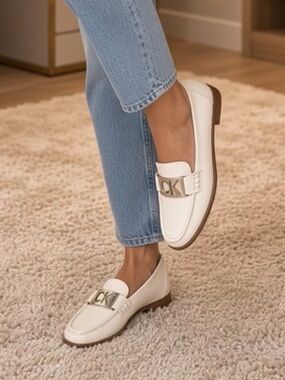 Calvin Klein  Cream Leather Loafers with CK Accent - Size 7.5M